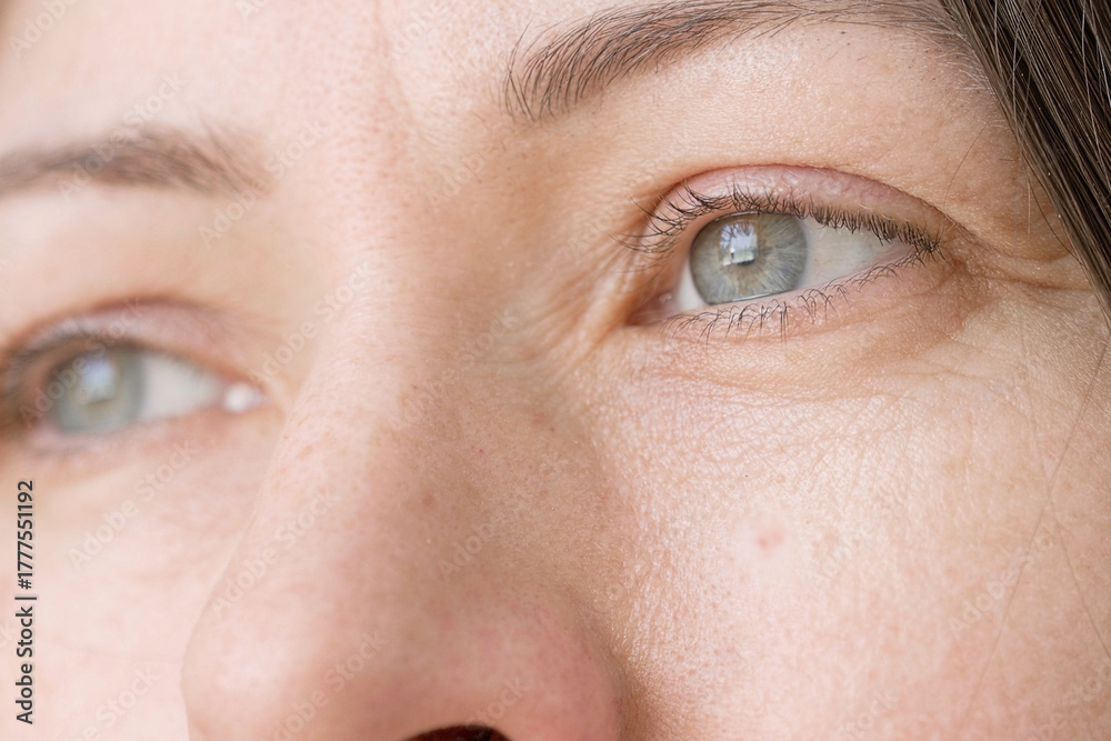 Fototapeta premium Human Woman Face extreme close up. Macro Shot of Feale Gray Eye. Vision. Healthy Eyesight Concept. Front view. Mature Adult Looking at Camera Blinking Eyelashes. Eye Opening Wide. Soft Selective Focus