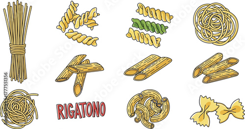 Italian pasta different types fusilli, spaghetti, gomiti rigati, farfalle and rigatoni, ravioli in circle frame poster vector illustration. 