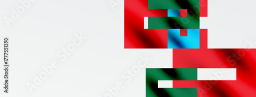 Abstract colorful blocks dominate right side. White space occupies majority image area. Red, green, cyan hues present. Minimalist composition.