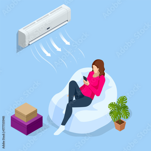 Isometric woman relaxing on beanbag chair under air conditioner at home, using smartphone. Concept of comfort, cooling, and smart indoor climate.