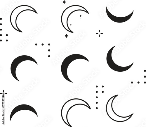 A set of gold moon and sparkling starlight illustrations of various shapes. The moon has the shape of a crescent, half