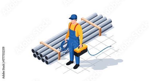 Isometric illustration of a worker in blue overalls and a yellow shirt standing with a welding machine near stacked metal pipes on a grid surface