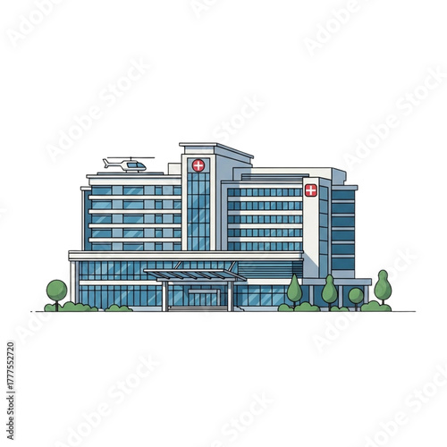 Modern Hospital Building with Helipad and Greenery.