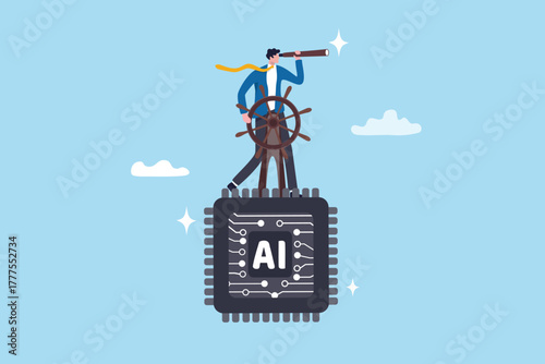Future of AI Artificial Intelligence, control direction or innovation, governance of information AI usage, implementation and automation system, businessman control AI chip to the right direction.