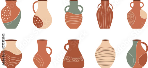 Colored ceramic vases set. Porcelain vase for flowers, antique pottery, floral and abstract patterns. Vase pottery for decoration. Trendy flat style isolated on white.