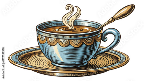 Very beautiful hand-drawn cup of steaming coffee with a spoon resting on a saucer, illustrated in elegant vintage sketch style with fine lines and classic shading details.
