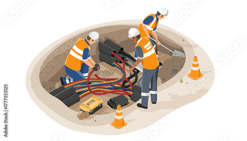 Illustration of two workers in a hole installing cables with construction cones around them.