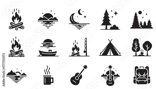 Collection of camping and outdoor adventure icons
