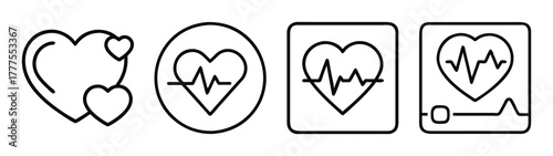 Heart health monitor icons vector set, heartbeat pulse line, medical cardiology diagnostic symbol