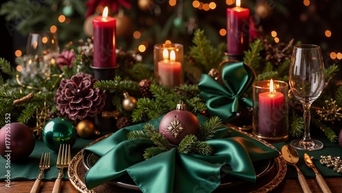 Luxurious festive Christmas table setting with emerald green napkins, burgundy and gold ornaments, pine branches, candles, and sparkling glassware.