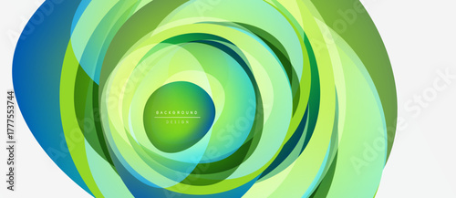 Abstract layers create dynamic tunnel illusion. Vivid greens, blues blend, forming modern backdrop. Minimal text present.