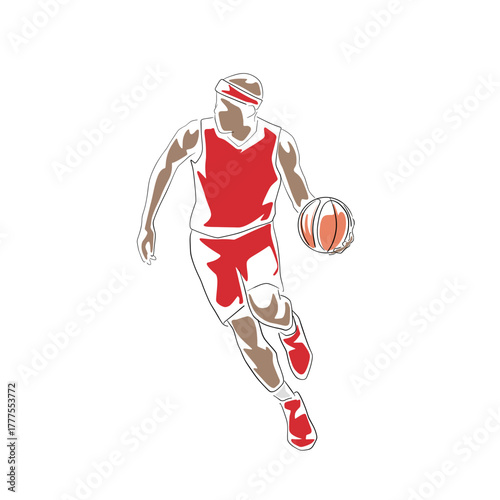 Basketball player, ball dribbling, isolated flat design vector illustration. Team sport athlete