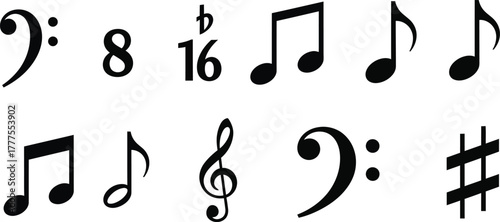 Musical notes stave line pattern symbols icon for staff and music note theme Transparent background wave Piano, jazz sound notes Fun vector key sign Classic clef Doodle