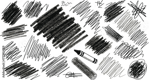 Charcoal pencil hand drawing curly lines, splash, squiggles and shapes. Black elements on white background. Grunge chalk crayon scribbles doodles textures. 