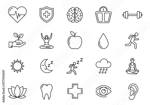 Collection of Health and Wellness Line Icons: Heart Brain Apple and More.