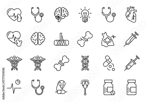 Medical Icon Set: Health Treatment and Anatomy Line Art.