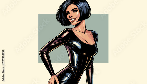confident woman in a sleek black outfit with short hair and striking pose. Generative ai vector colorful pop art illustration.