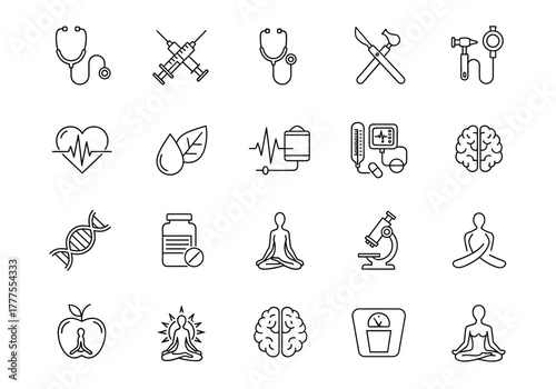 Collection of Health and Wellness Line Icons: Medical Scientific and Holistic Symbols.