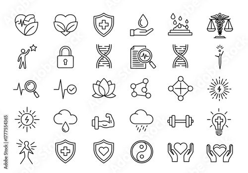 Collection of Health Science and Wellness Line Icons on White Background.