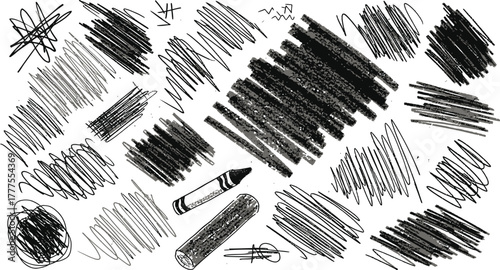Charcoal pencil hand drawing curly lines, splash, squiggles and shapes. Black elements on white background. Grunge chalk crayon scribbles doodles textures. 