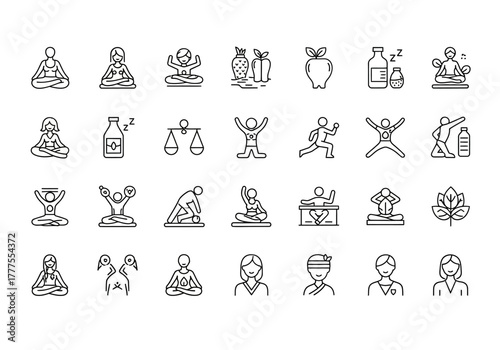 Collection of Black and White Line Art Icons Representing Health and Wellness.