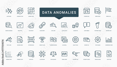 Data Integrity anomaly, detective integrity security analysis icon set