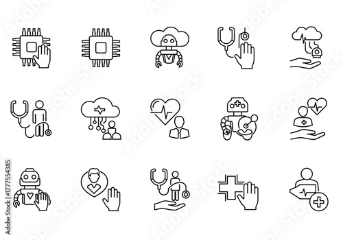 Collection of Medical Technology and Healthcare Line Icons on White Background.
