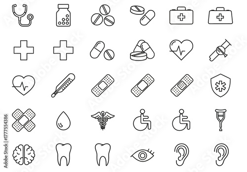 Medical Icon Set: Stethoscope Pills Heart Brain Tooth Eye Ear and More.
