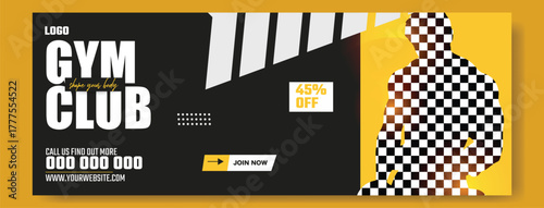 Muscular man holding dumbbell in fitness gym advertisement with green and white design and promotional offers.
Muscular man in gym with fitness promotion and discount offer for training services.