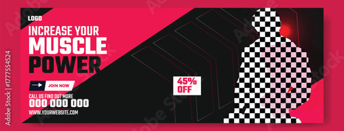 Muscular man holding dumbbell in fitness gym advertisement with green and white design and promotional offers.
Muscular man in gym with fitness promotion and discount offer for training services.