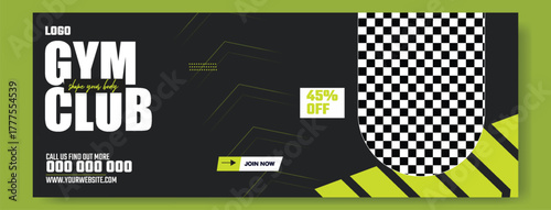 Muscular man holding dumbbell in fitness gym advertisement with green and white design and promotional offers.
Muscular man in gym with fitness promotion and discount offer for training services.