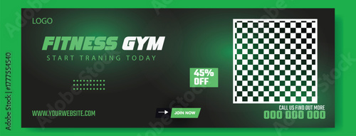 Muscular man holding dumbbell in fitness gym advertisement with green and white design and promotional offers.
Muscular man in gym with fitness promotion and discount offer for training services.