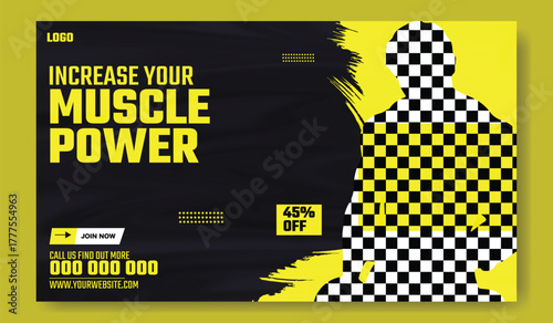 Muscular man holding dumbbell in fitness gym advertisement with green and white design and promotional offers.
Muscular man in gym with fitness promotion and discount offer for training services.