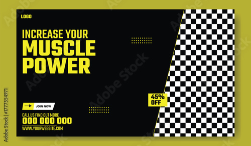 Muscular man holding dumbbell in fitness gym advertisement with green and white design and promotional offers.
Muscular man in gym with fitness promotion and discount offer for training services.