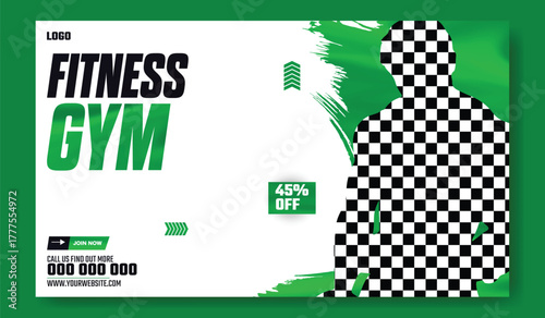 Muscular man holding dumbbell in fitness gym advertisement with green and white design and promotional offers.
Muscular man in gym with fitness promotion and discount offer for training services.