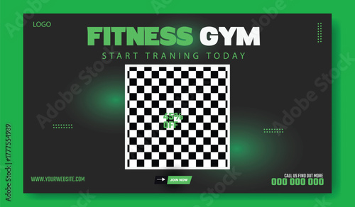 Muscular man holding dumbbell in fitness gym advertisement with green and white design and promotional offers.
Muscular man in gym with fitness promotion and discount offer for training services.