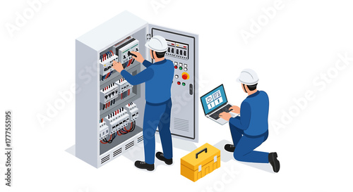 Two technicians in blue uniforms and white hard hats working on an electrical panel with a laptop and toolbox nearby in an industrial setting.
