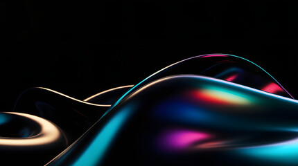 Black dark abstract background. Iridescent fluid glass wave. Prism shape 3D render. Smooth curve transition. Rainbow light flare. Bright glow shimmer. Neon metallic futuristic blur texture
