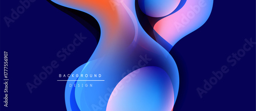 Abstract fluid shapes overlap, creating vibrant color gradients. Dark blue background emphasizes flowing forms, modern design aesthetic.