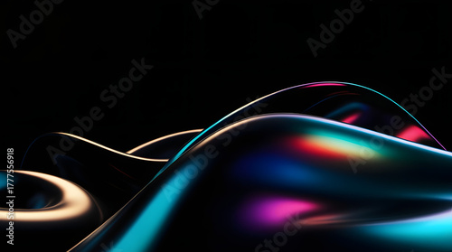 Black dark abstract background. Iridescent fluid glass wave. Prism shape 3D render. Smooth curve transition. Rainbow light flare. Bright glow shimmer. Neon metallic futuristic blur texture
