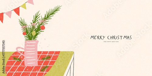 Minimalistic vintage Christmas composition with fir branches in a pink jug, decorated with balls and bows, on a festive tablecloth, vector illustration.