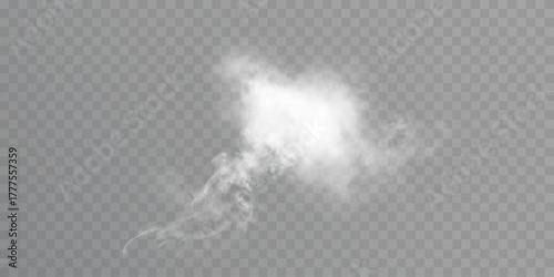 Realistic soft white smoke cloud on transparent background, airy mist element for weather, magic, explosion or decor scenes.