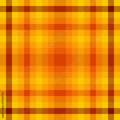 Top check tartan plaid, tattersall vector seamless textile. Vichy pattern fabric background texture in bright and orange colors.