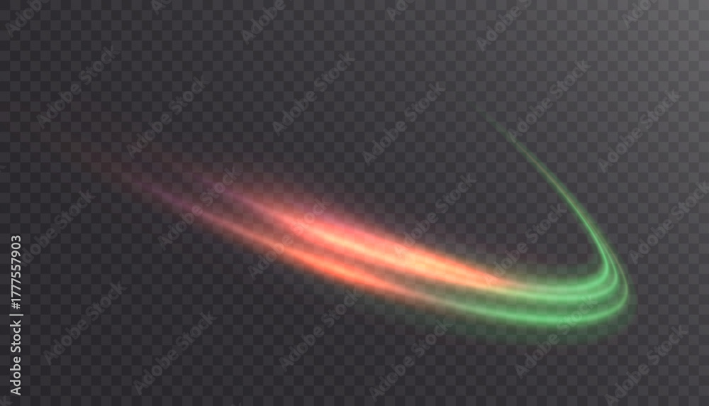 A colorful curved glowing trail with a gradient from orange to green on a transparent background. A dynamic vortex effect for fast motion, technical design, and game interfaces.