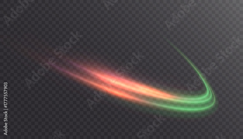 A colorful curved glowing trail with a gradient from orange to green on a transparent background. A dynamic vortex effect for fast motion, technical design, and game interfaces.