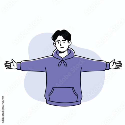 Young man in purple hoodie standing with arms outstretched showing uncertainty or confusion