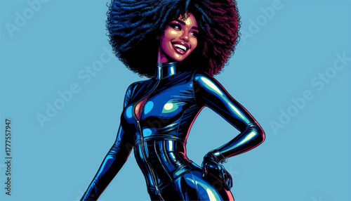 smiling woman in a glossy zip-up suit, with big curly hair and a powerful pose. Generative ai vector colorful pop art illustration.