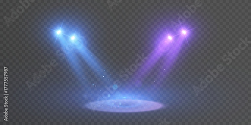 Blue-violet spotlights create a vibrant stage and stadium effect with a soft, smoky, shimmering bokeh. Spotlights for background overlays. Vector.