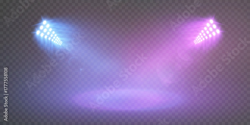 Blue-violet spotlights create a vibrant stage and stadium effect with a soft, smoky, shimmering bokeh. Spotlights for background overlays. Vector.