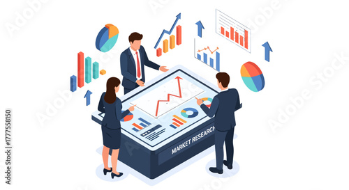 Flat design illustration of business professionals analyzing data on a large screen with various charts and graphs floating around them on a white background.